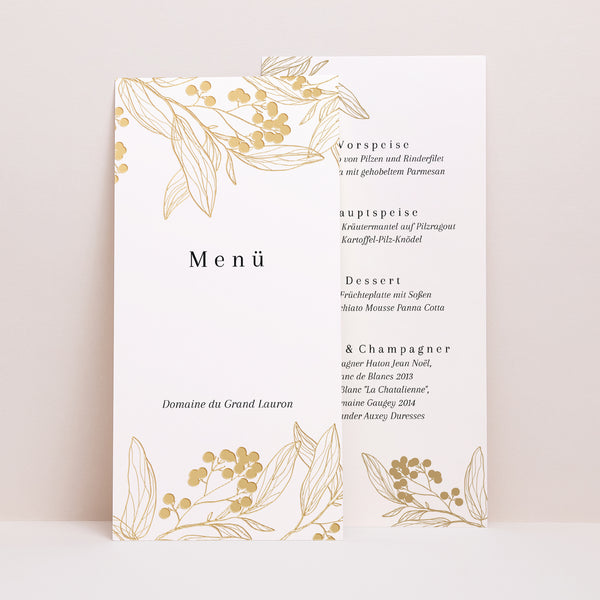 Menükarte Hochzeit Panoramatisches Porträt Goldene Blumenmuster foto