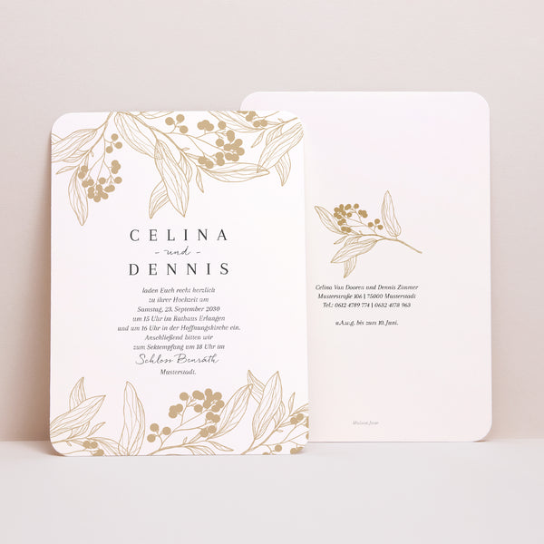 Hochzeitseinladung Porträt, abgerundete Kanten Goldene Blumenmuster foto