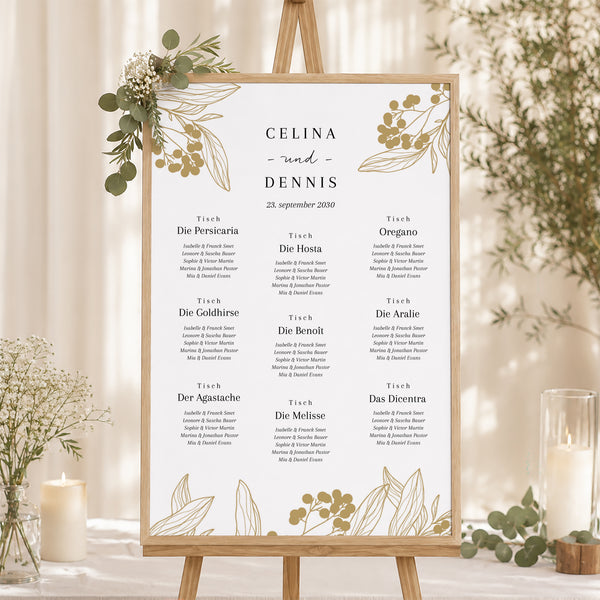 Sitzplan Hochzeit Porträt Goldene Blumenmuster foto