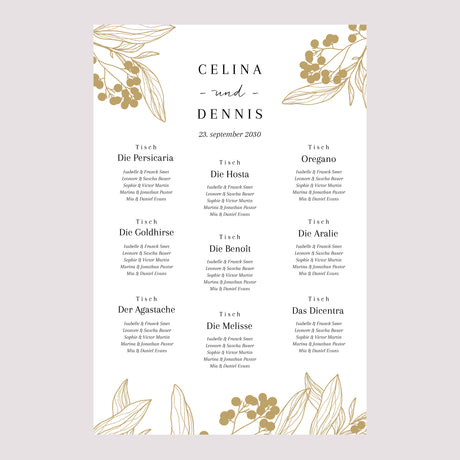 Sitzplan Hochzeit Porträt Goldene Blumenmuster
