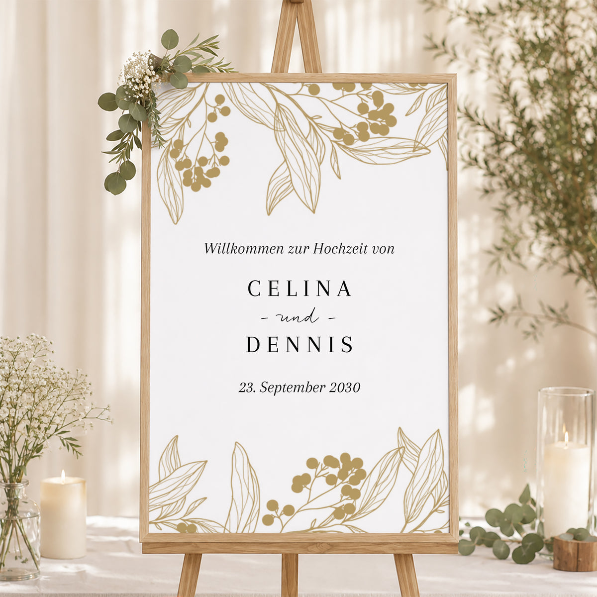 Begrüßungstafel Hochzeit Porträt 60 x 90 cm Goldene Blumenmuster foto N° 1