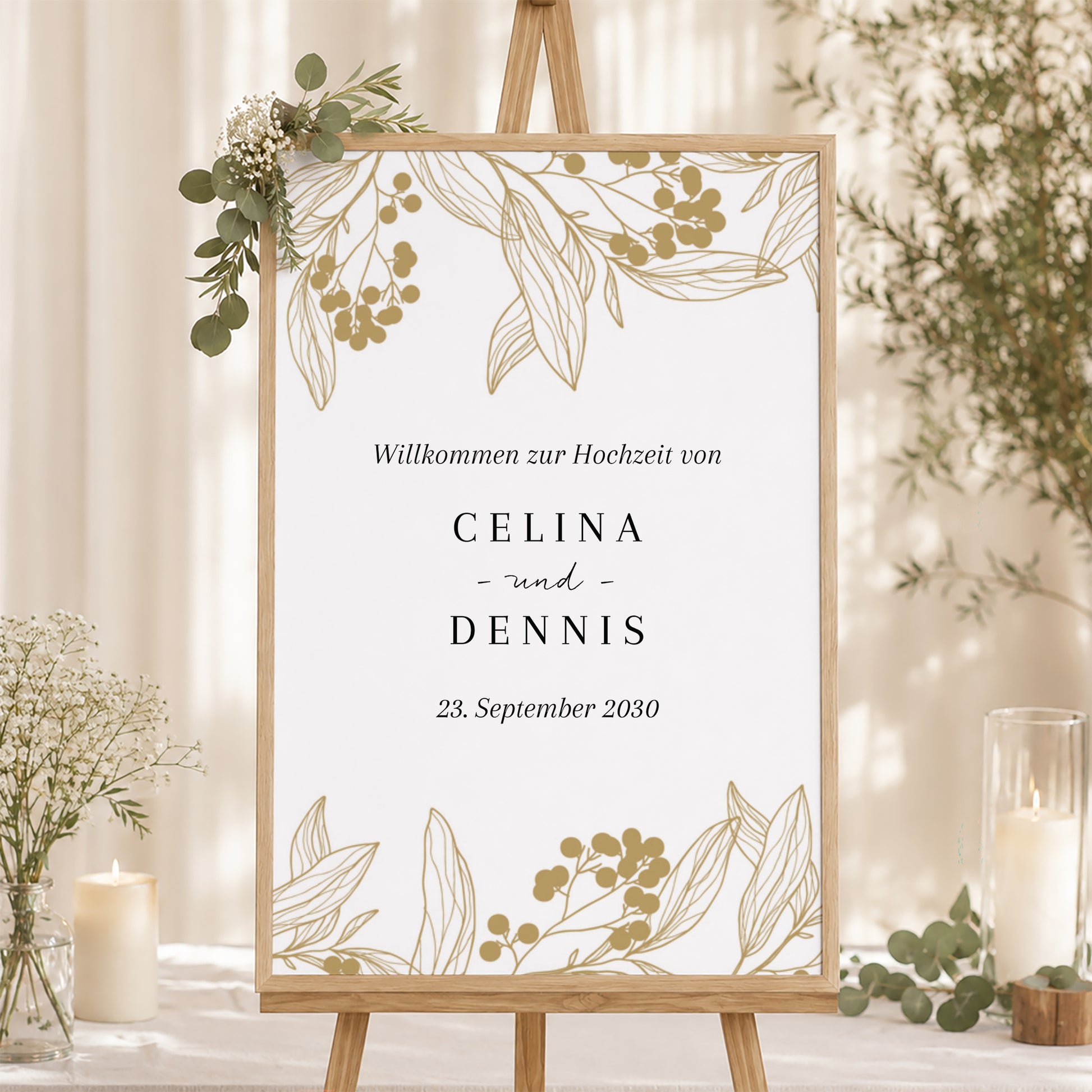 Begrüßungstafel Hochzeit Porträt 60 x 90 cm Goldene Blumenmuster foto N° 1