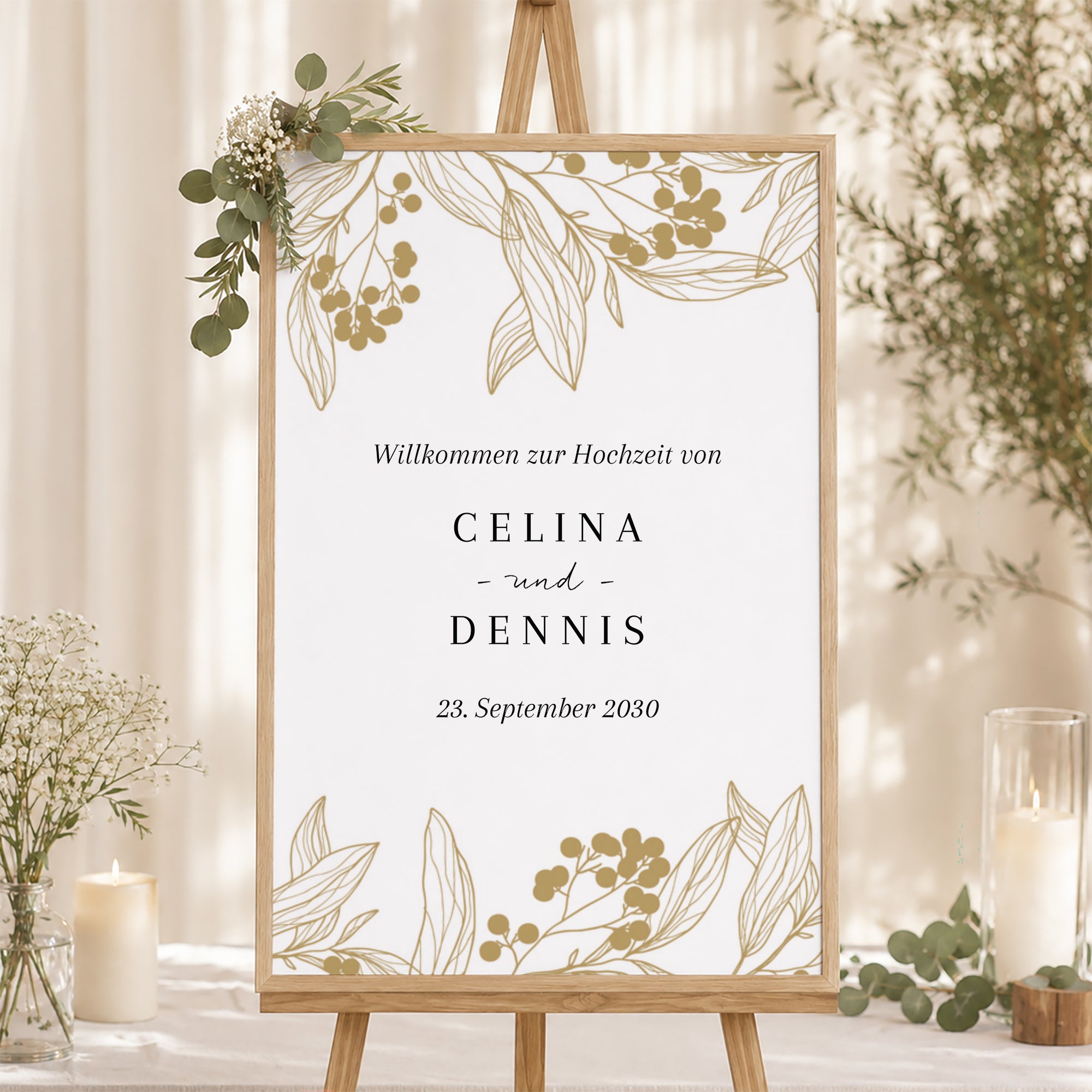 Begrüßungstafel Hochzeit Porträt 60 x 90 cm Goldene Blumenmuster foto N° 1