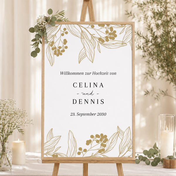 Begrüßungstafel Hochzeit Porträt 60 x 90 cm Goldene Blumenmuster foto