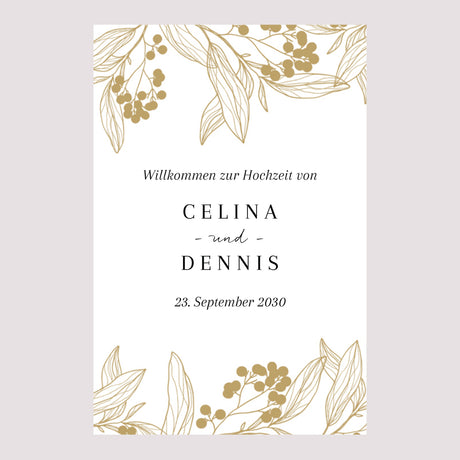 Begrüßungstafel Hochzeit Porträt 60 x 90 cm Goldene Blumenmuster