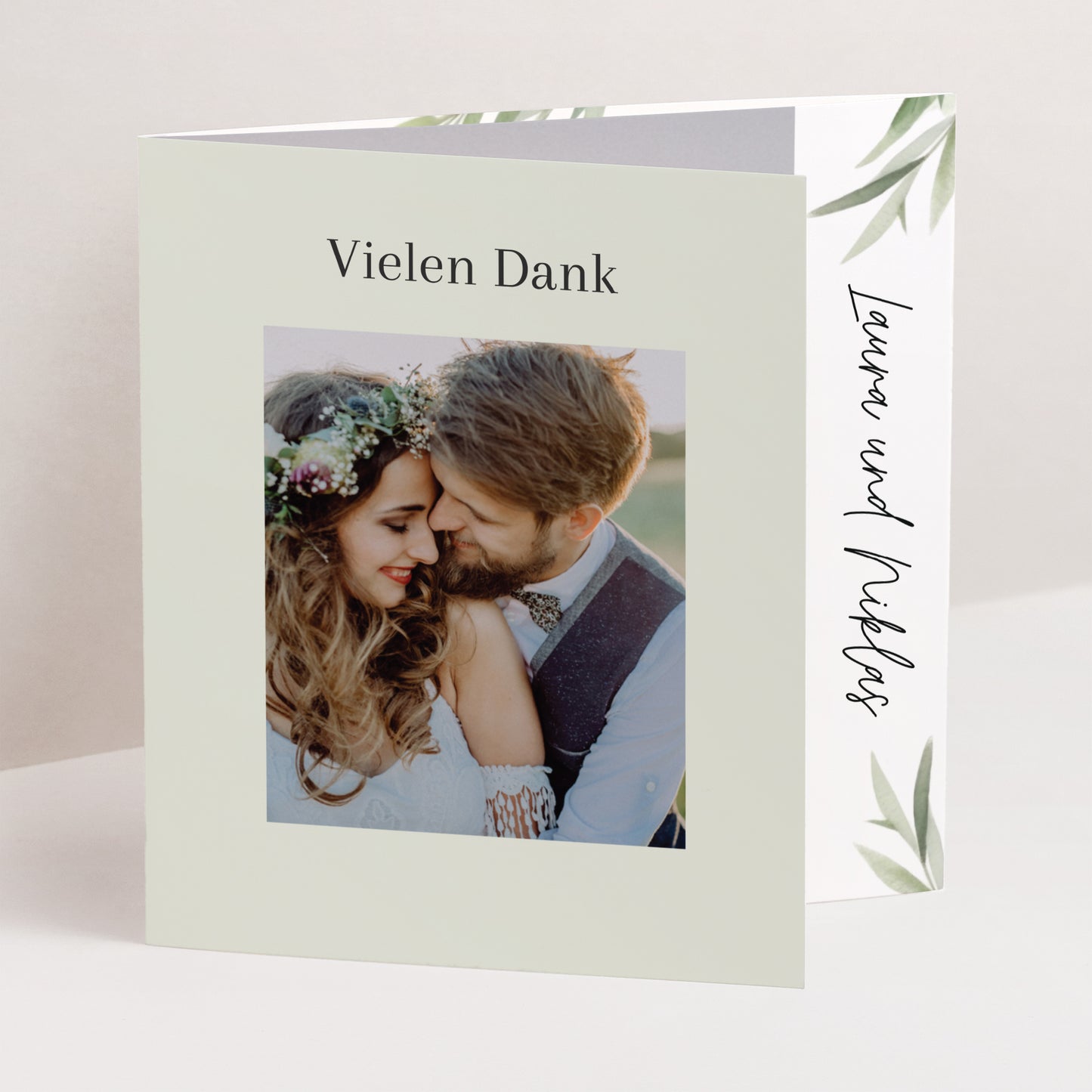 Dankeskarte Hochzeit Asymmetrisches Triptychon Olivenblätter foto N° 1