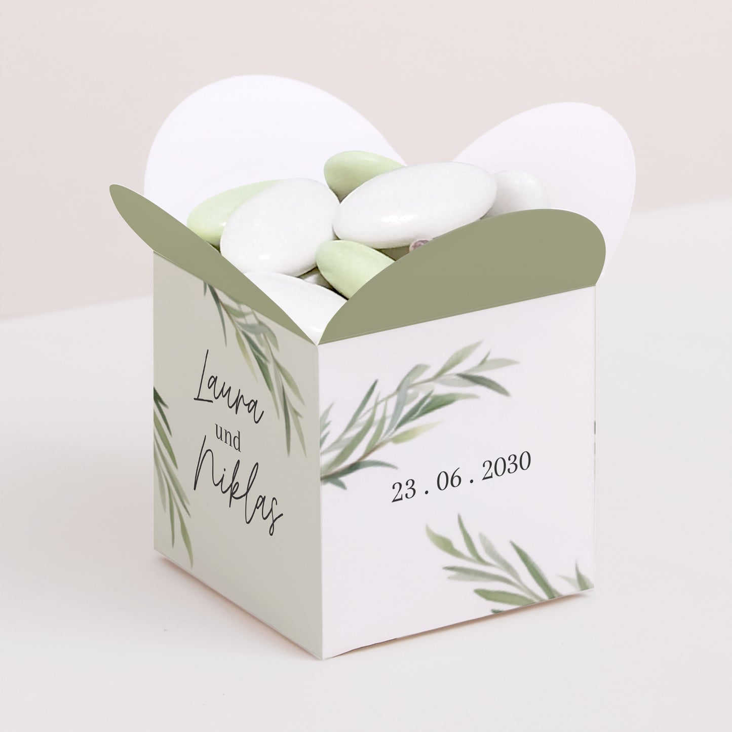 Geschenkbox Hochzeit Schmetterlingsöffnung Olivenblätter foto N° 1
