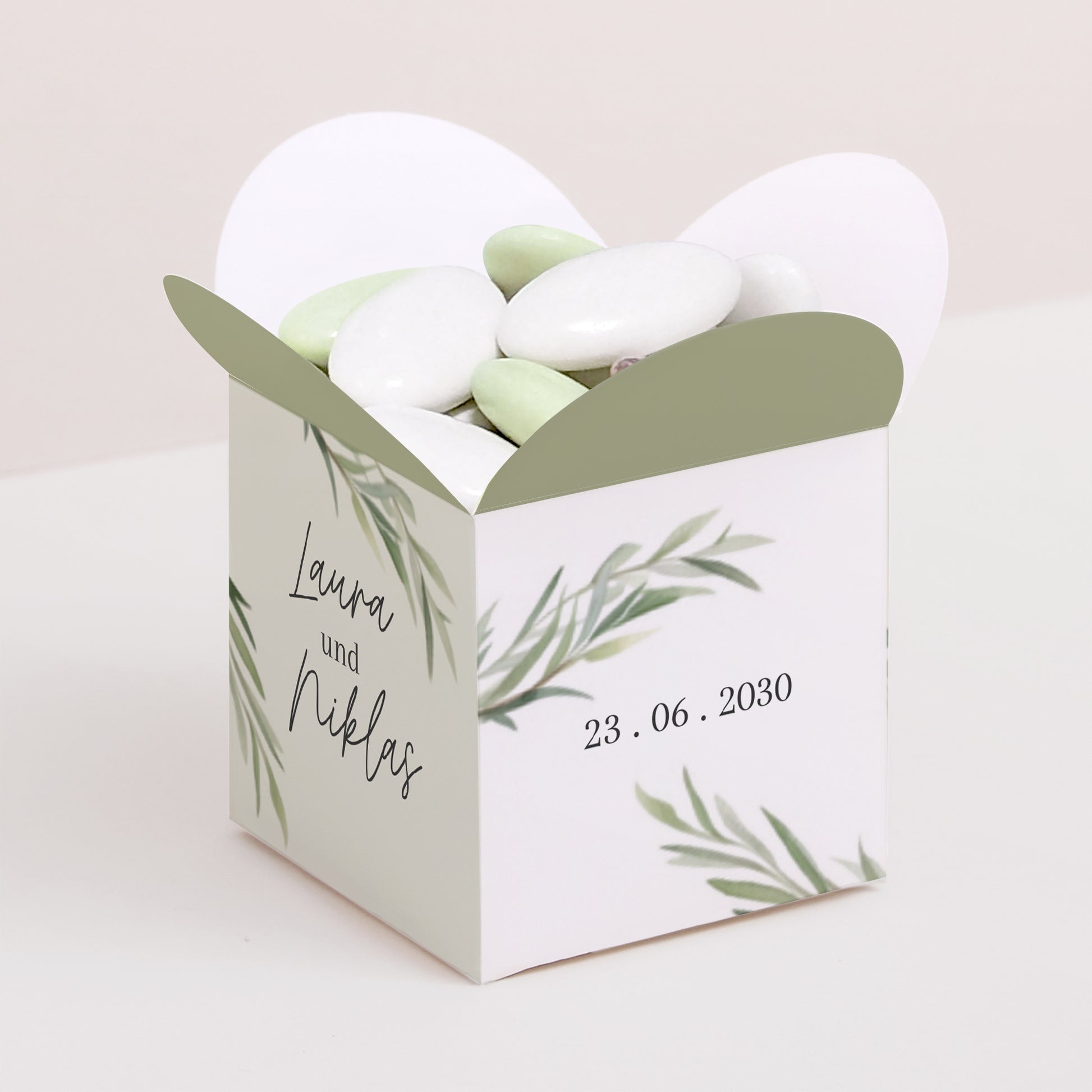 Geschenkbox Hochzeit Schmetterlingsöffnung Olivenblätter foto N° 1