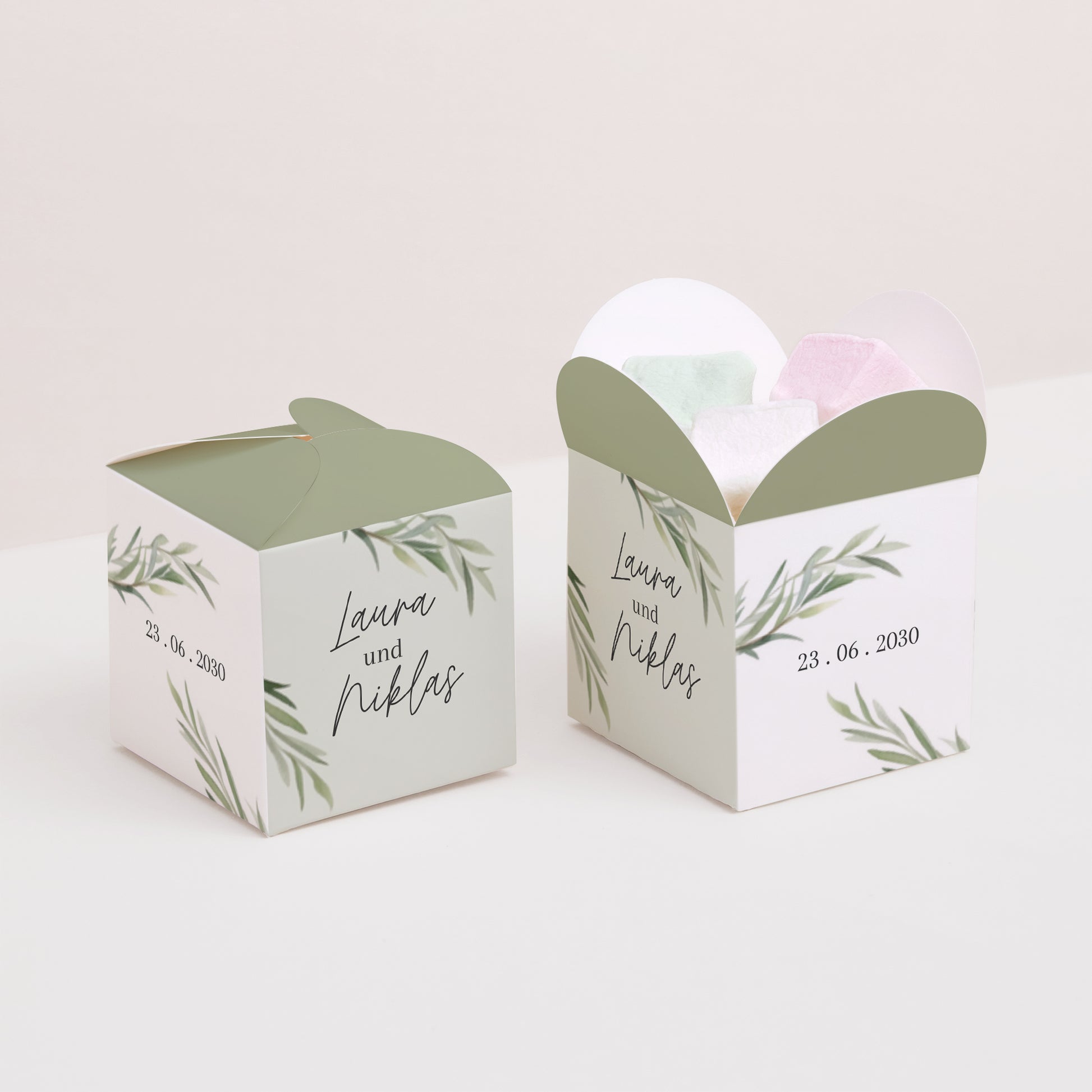 Geschenkbox Hochzeit Schmetterlingsöffnung Olivenblätter foto N° 2