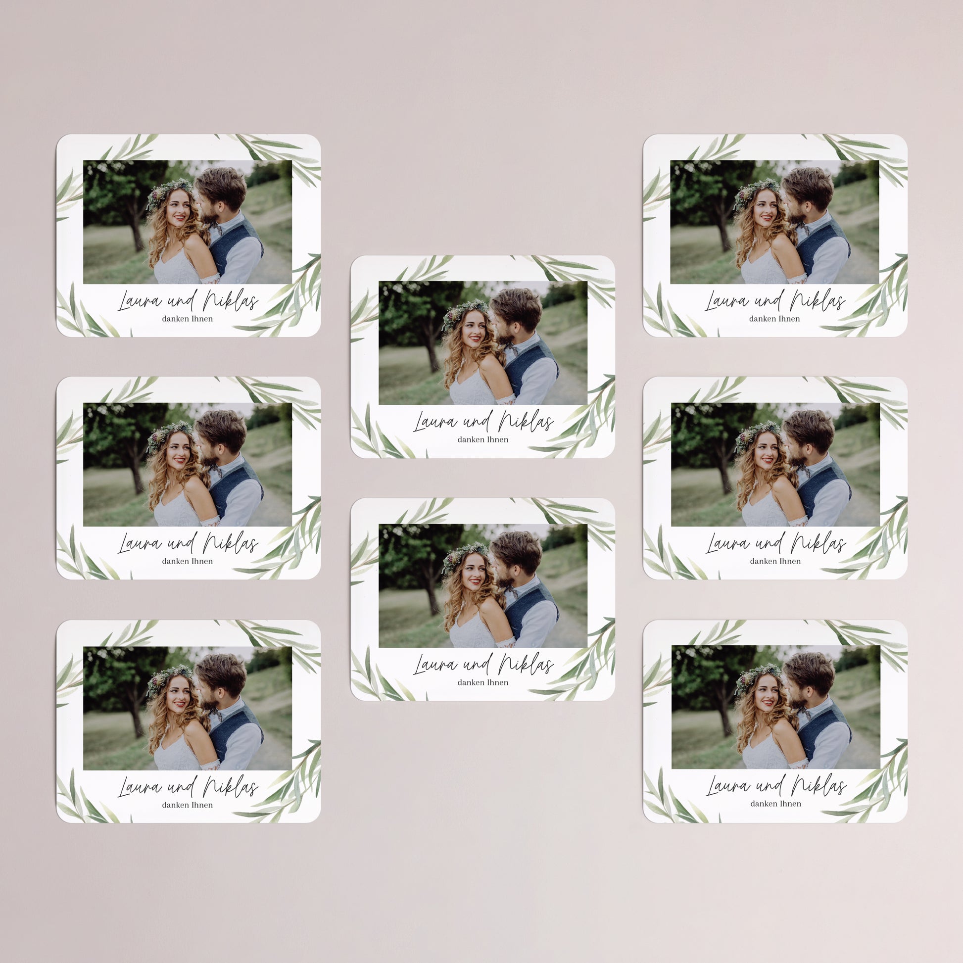 Dankeskarte Hochzeit Set von 8, magnetisch, Landschaft, rechteckige abgerundete Ecken Olivenblätter foto N° 3