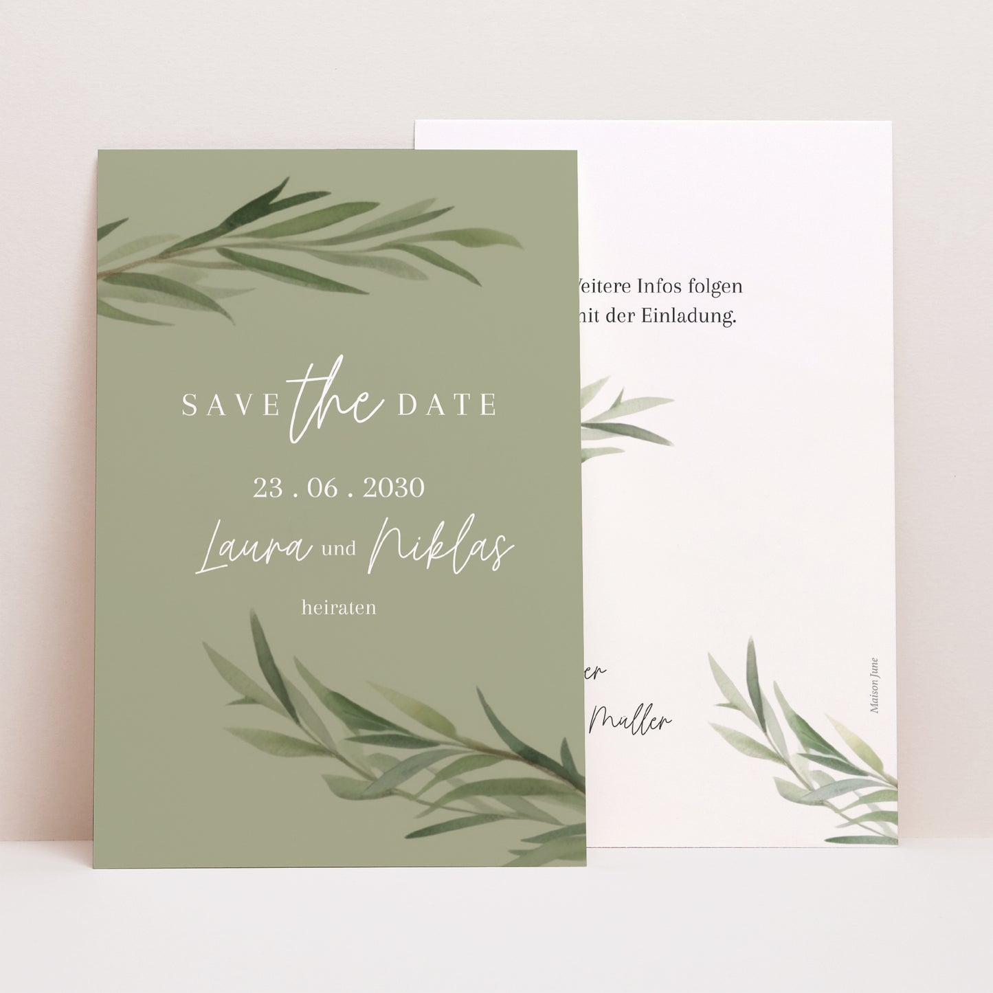 Save the date Karte Hochzeit PortraitPorträt Olivenblätter foto N° 1