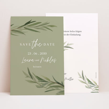 Save the date Karte Hochzeit PortraitPorträt Olivenblätter foto N° 1