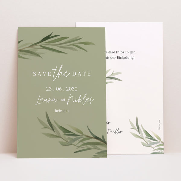 Save the date Karte Hochzeit PortraitPorträt Olivenblätter foto