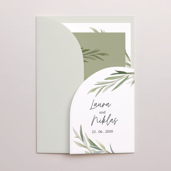 Hochzeitseinladung Hülle für 2 Karten Olivenblätter foto