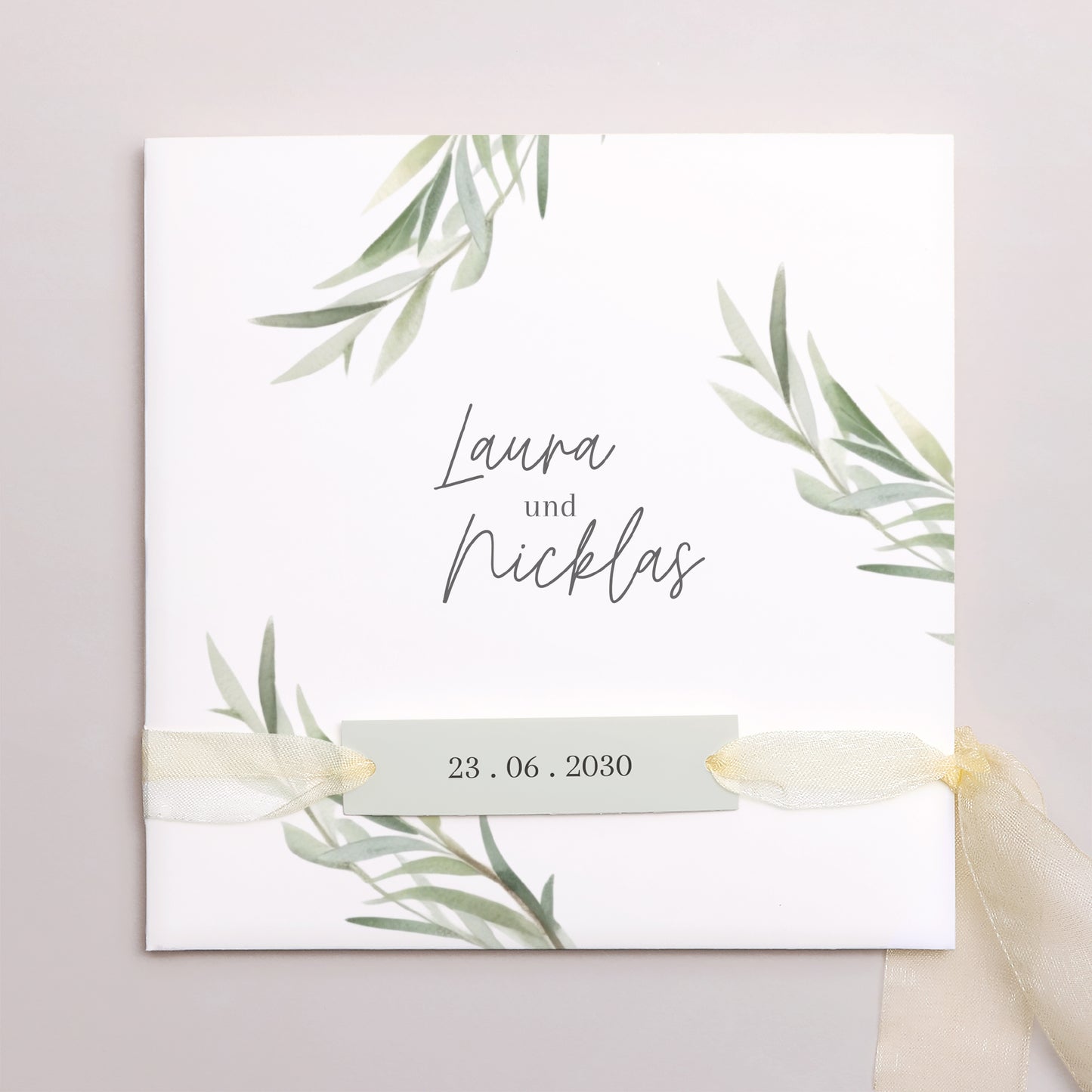 Hochzeitseinladung Quadratische Hülle, 3 Karten, Etikett Olivenblätter foto N° 1