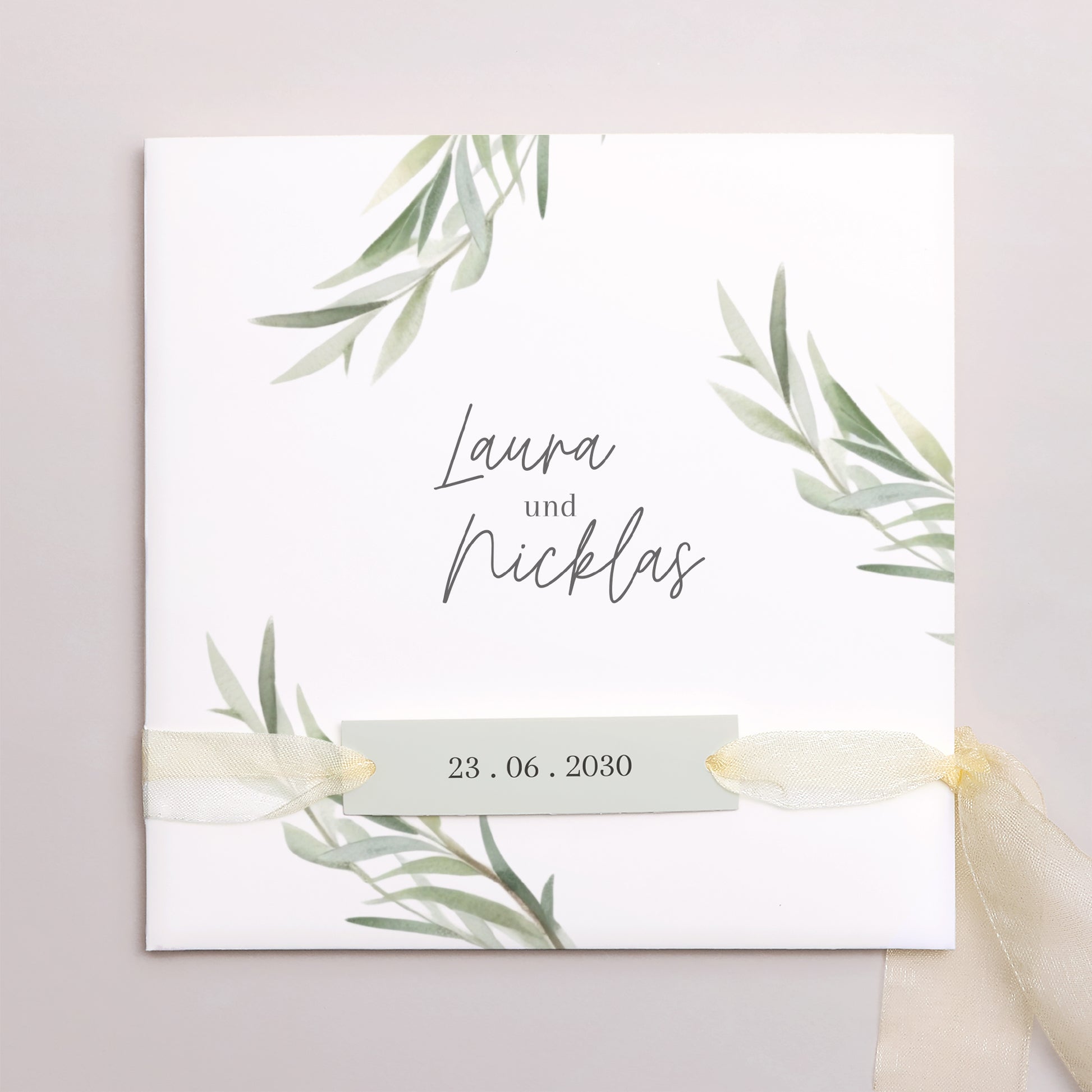 Hochzeitseinladung Quadratische Hülle, 3 Karten, Etikett Olivenblätter foto N° 1