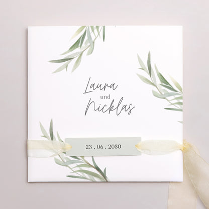Hochzeitseinladung Quadratische Hülle, 3 Karten, Etikett Olivenblätter foto N° 1