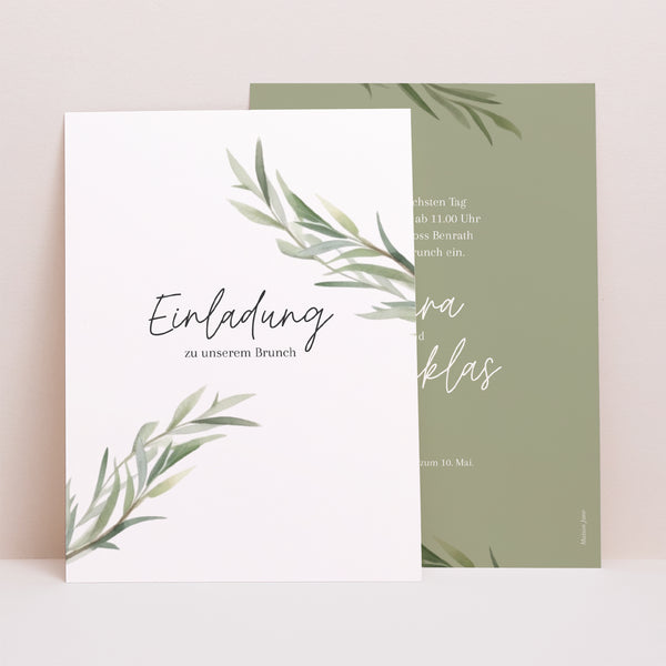 Einladungskarte Hochzeit Porträt Olivenblätter foto