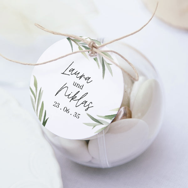Geschenkbox Hochzeit Kugel mit runder Etikette Olivenblätter foto