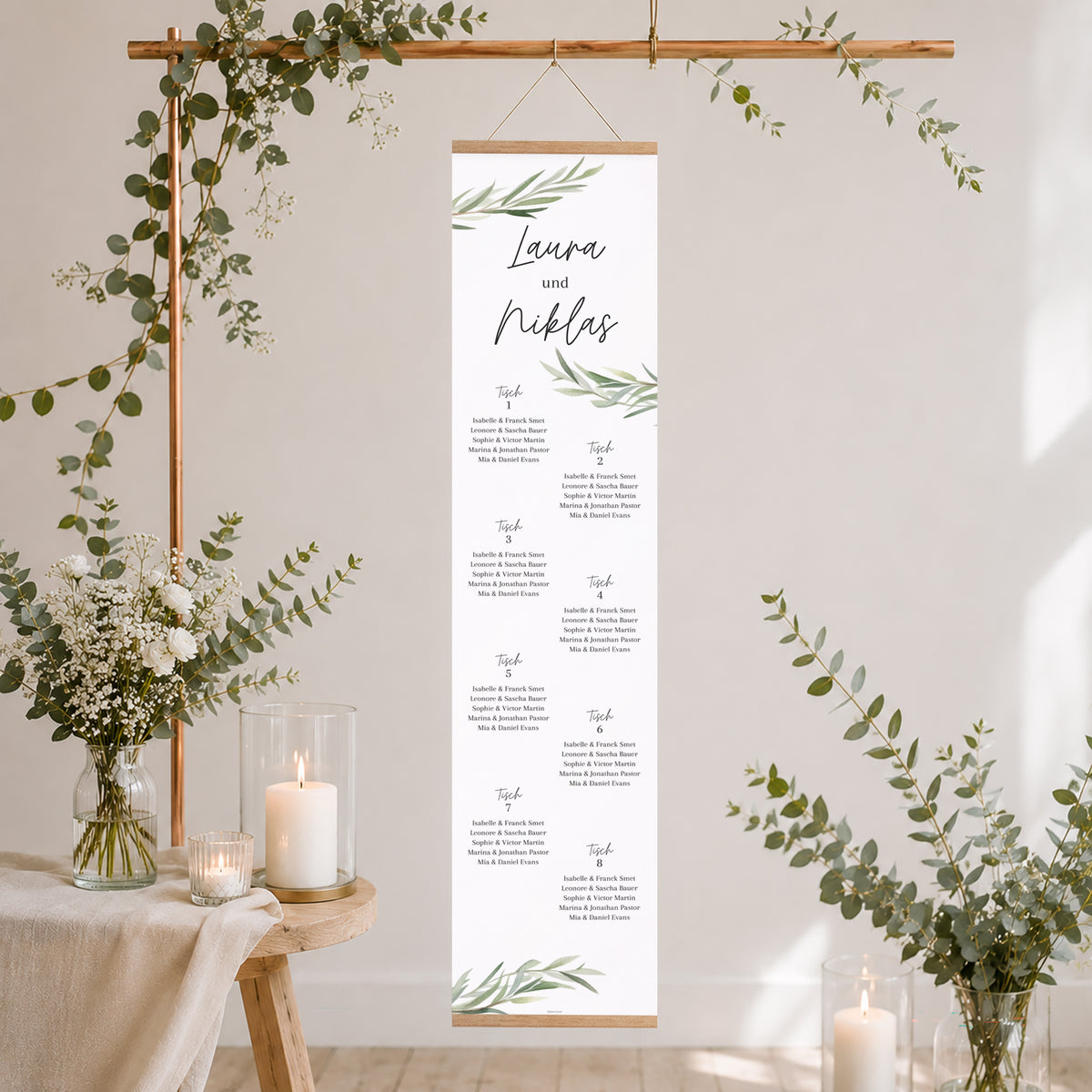 Sitzplan Hochzeit Holzstütze Olivenblätter foto N° 2