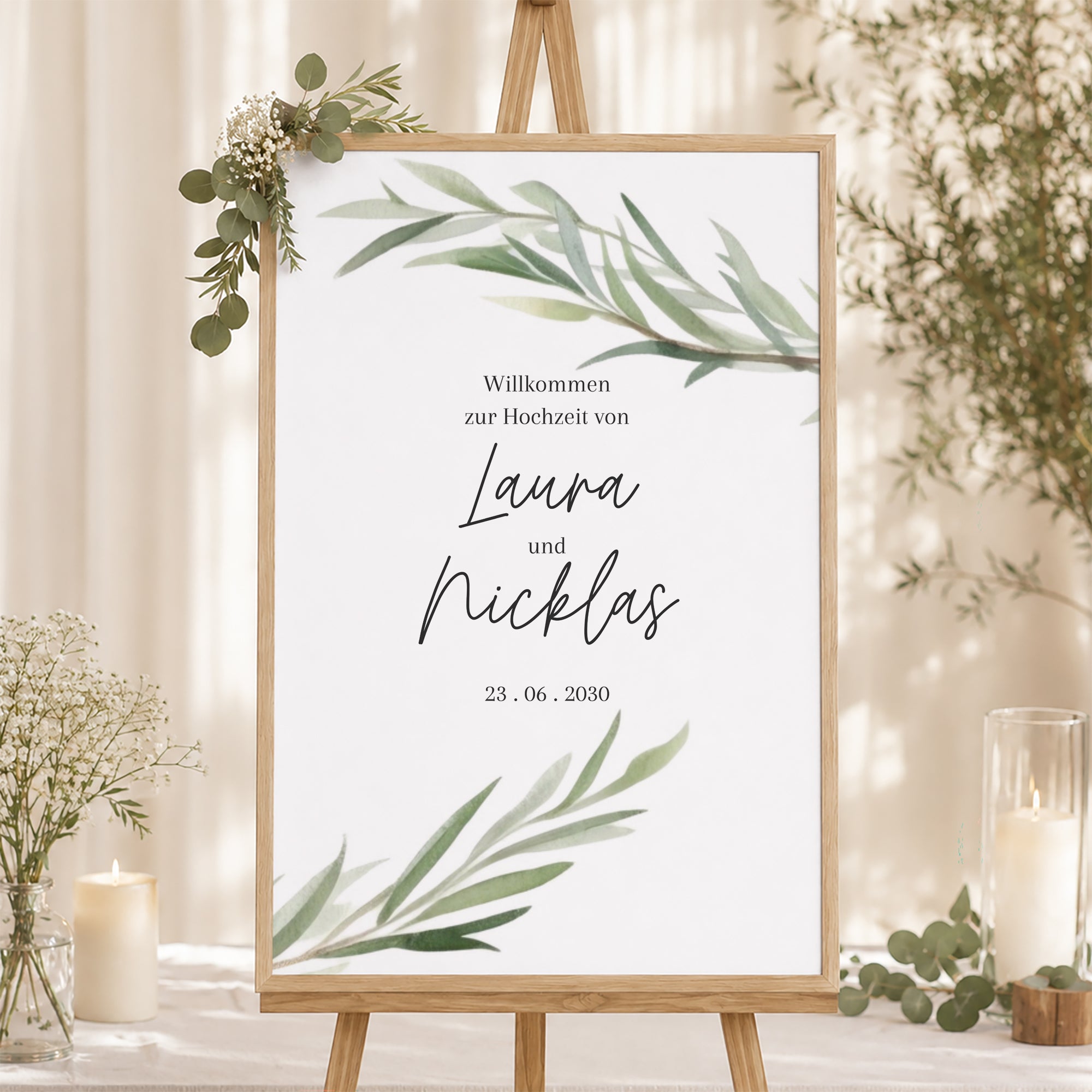 Begrüßungstafel Hochzeit Porträt 60 x 90 cm Olivenblätter foto N° 1