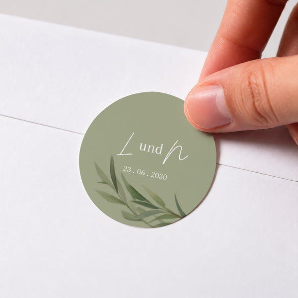 Sticker Hochzeit Rund Olivenblätter foto
