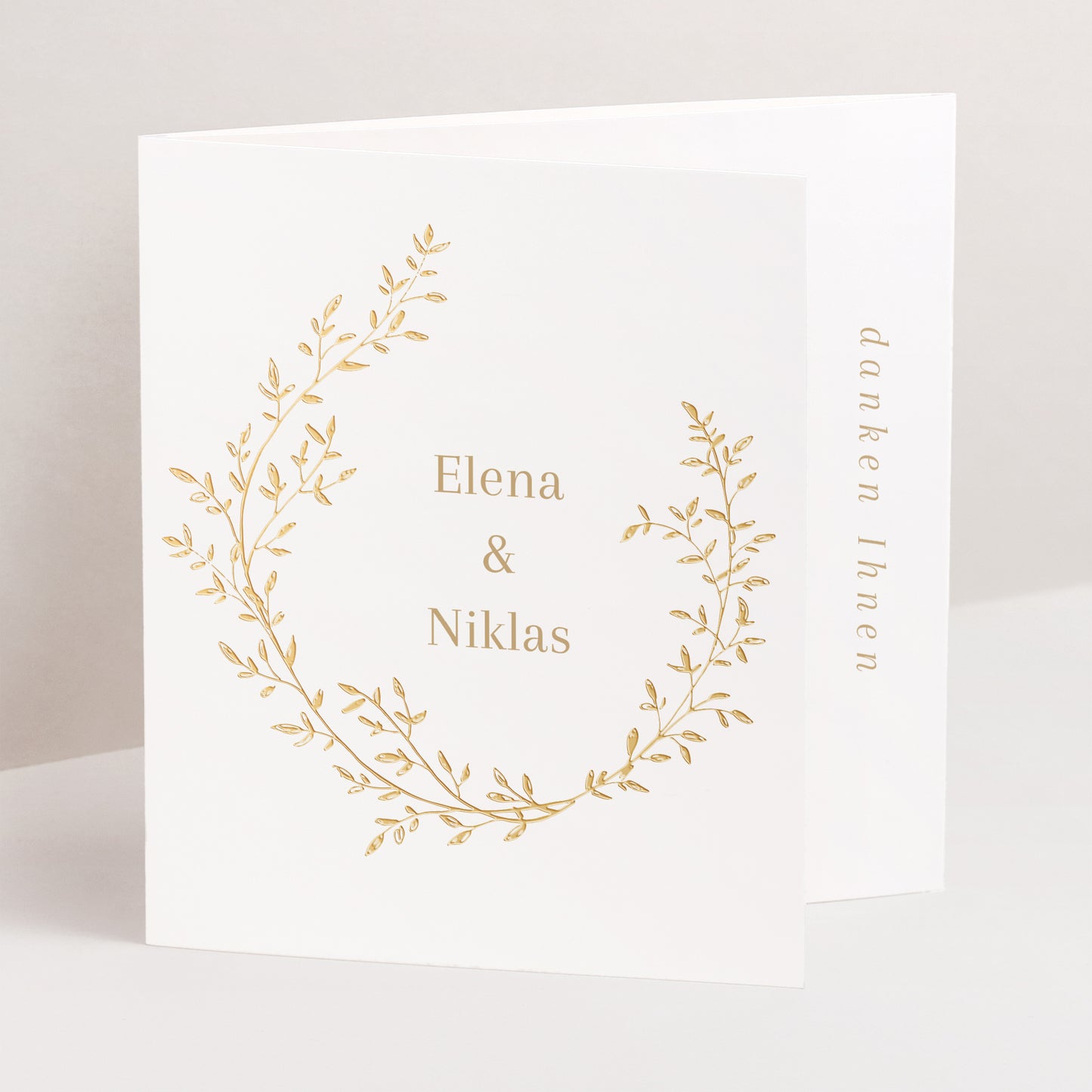 Dankeskarte Hochzeit Asymmetrisches Triptychon goldener Blumenkranz foto N° 1