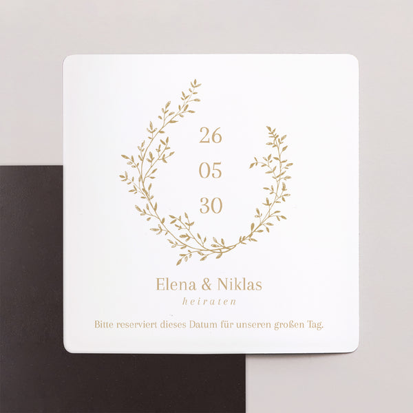 Save the date Karte Hochzeit Satz von 9, magnetisch. goldener Blumenkranz foto