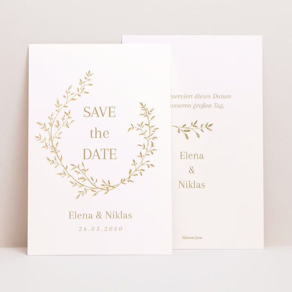 Save the date Karte Hochzeit PortraitPorträt goldener Blumenkranz foto