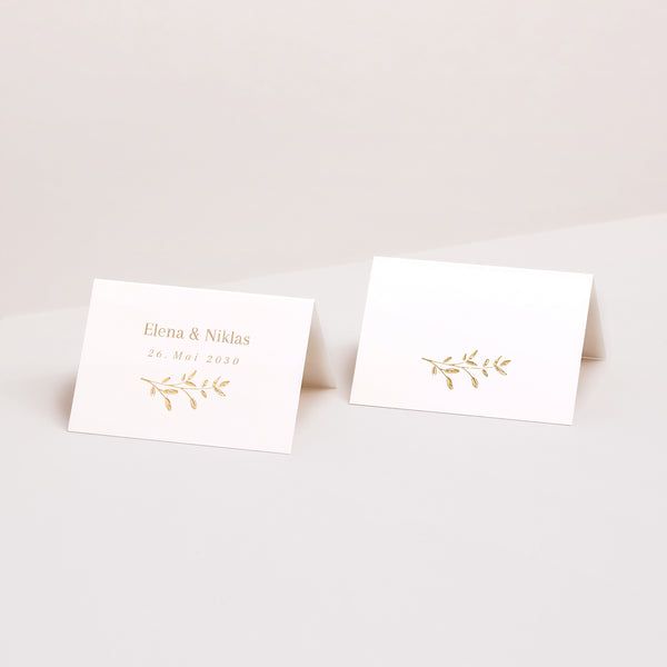 Tischkarten Hochzeit Quer goldener Blumenkranz foto