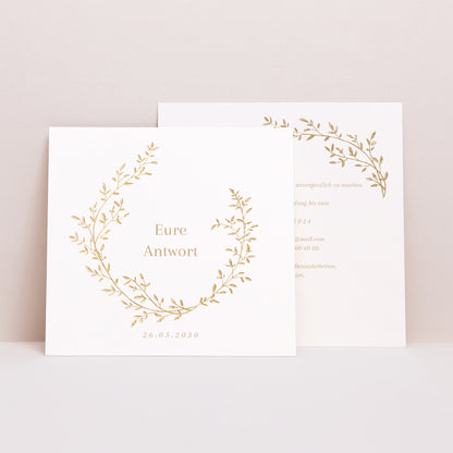 Antwortkarte Hochzeit Quadrat goldener Blumenkranz foto N° 1
