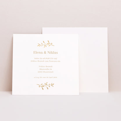 Einladungskarte Hochzeit Quadrat goldener Blumenkranz foto N° 1