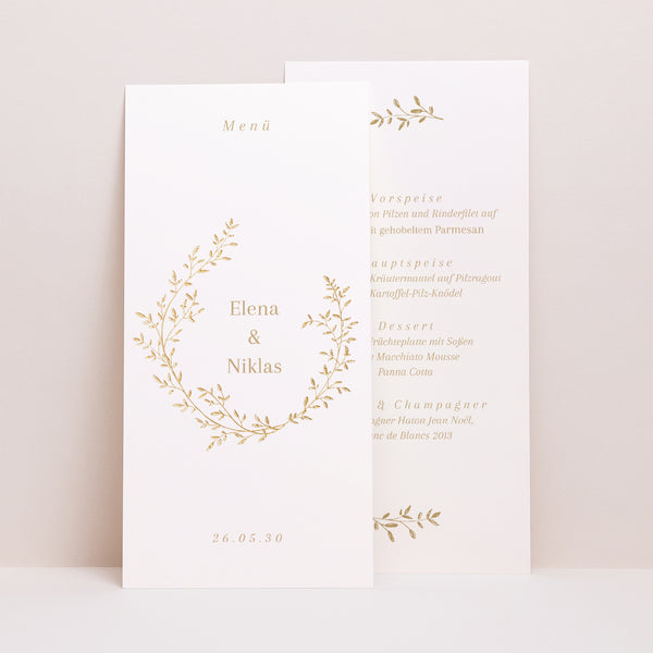 Menükarte Hochzeit Panoramatisches Porträt goldener Blumenkranz foto