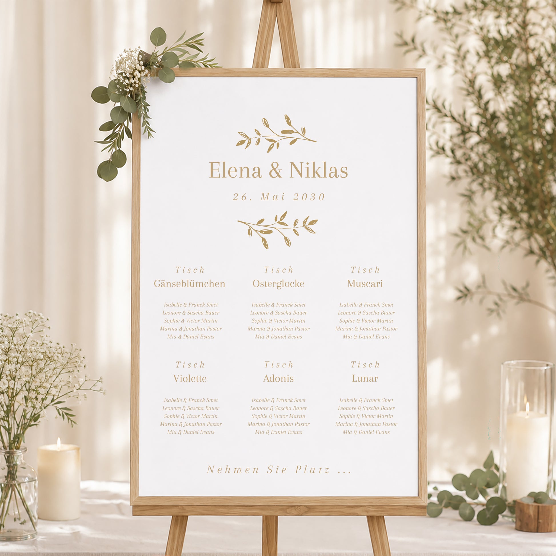 Sitzplan Hochzeit Porträt goldener Blumenkranz foto N° 1