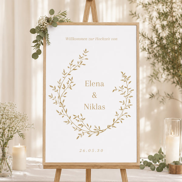 Begrüßungstafel Hochzeit Porträt 60 x 90 cm goldener Blumenkranz foto
