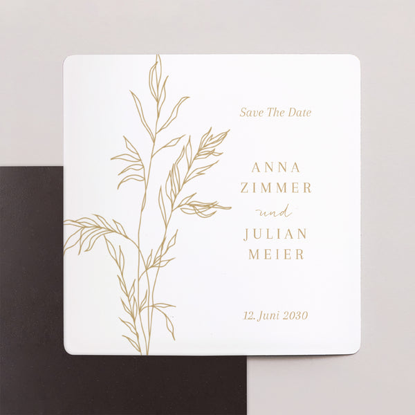 Save the date Karte Hochzeit Satz von 9, magnetisch. schlichtes Laub goldfarben foto