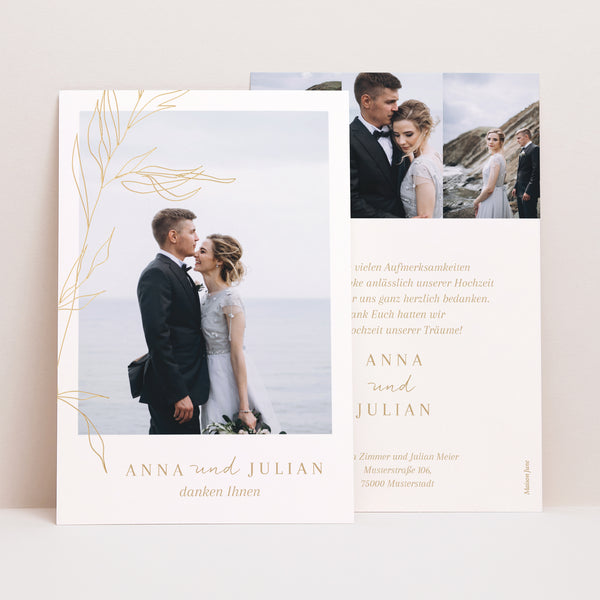 Dankeskarte Hochzeit PortraitPorträt schlichtes Laub goldfarben foto