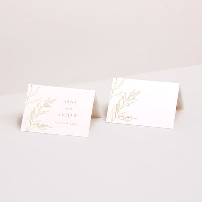 Tischkarten Hochzeit Quer schlichtes Laub goldfarben foto N° 1