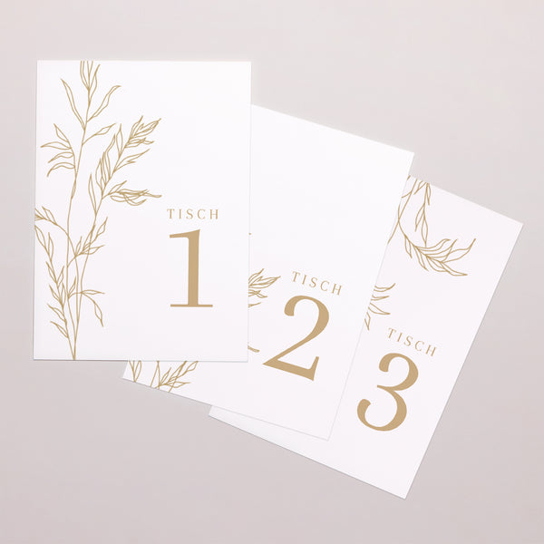 Tischnummern Hochzeit Rechteck schlichtes Laub goldfarben foto