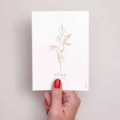 Einladungskarte Hochzeit Porträt schlichtes Laub goldfarben foto N° 3