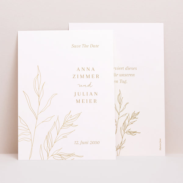 Save the date Karte Hochzeit Porträt schlichtes Laub goldfarben foto