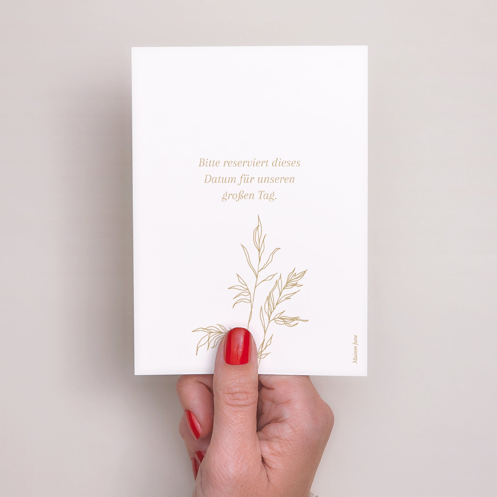 Save the date Karte Hochzeit Porträt schlichtes Laub goldfarben foto N° 3