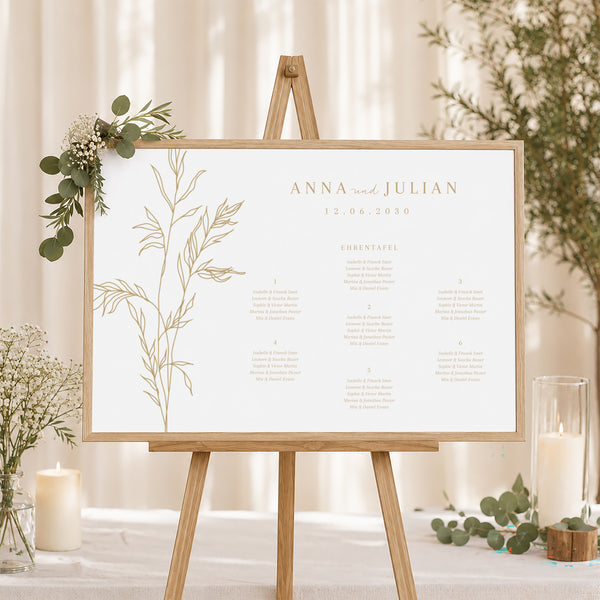 Sitzplan Hochzeit Landschaft schlichtes Laub goldfarben foto