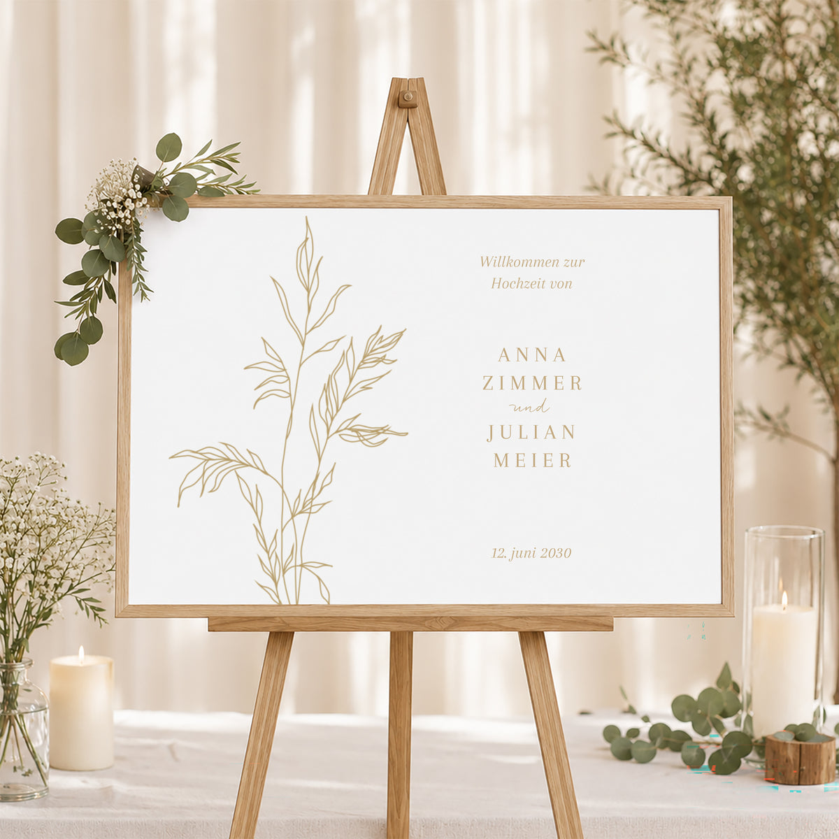 Begrüßungstafel Hochzeit Landschaft 90 x 60 cm schlichtes Laub goldfarben foto N° 1
