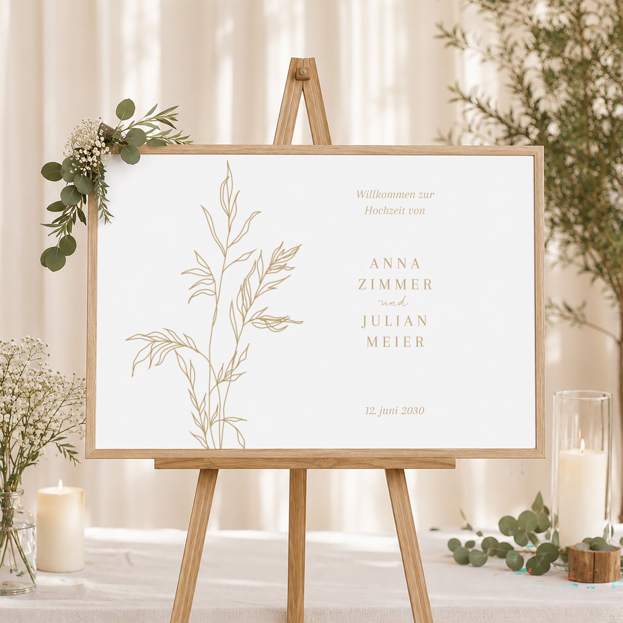 Begrüßungstafel Hochzeit Landschaft 90 x 60 cm schlichtes Laub goldfarben foto N° 1
