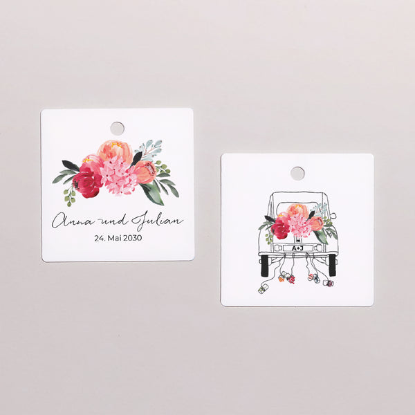 Vorgelochtes Etikett Hochzeit quadratisch 2CV mit Blumen foto