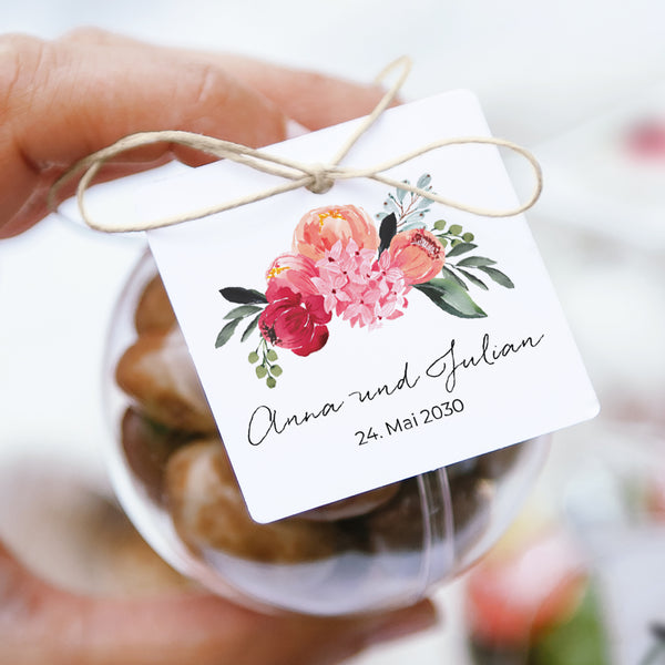 Geschenkbox Hochzeit Kugel mit quadratischem Etikett 2CV mit Blumen foto