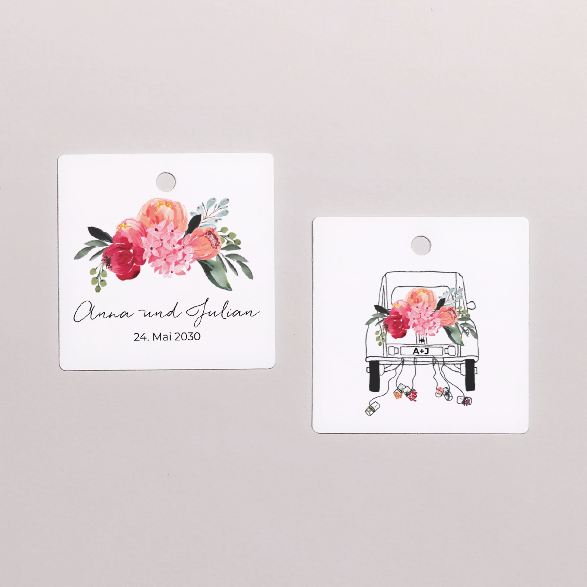 Geschenkbox Hochzeit Kugel mit quadratischem Etikett 2CV mit Blumen foto N° 3