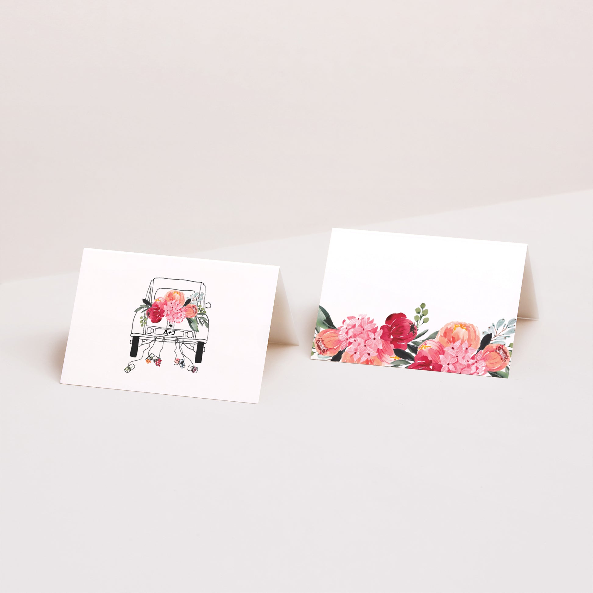 Tischkarten Hochzeit Quer 2CV mit Blumen foto N° 1