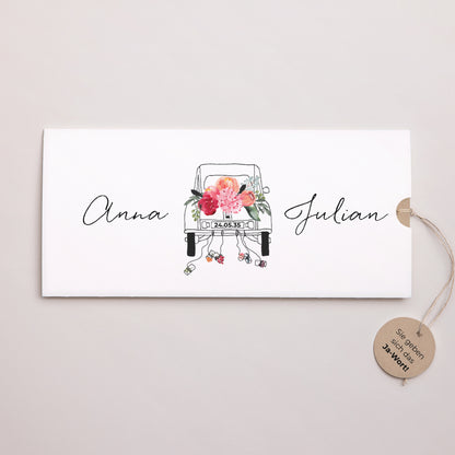 Hochzeitseinladung Mappe 2 Karten, Etikett 2CV mit Blumen foto N° 1